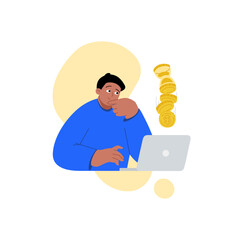 Financial vector artwork to passive income. Vector business illustration, a black man in a blue sweater with a laptop. Illustration of a flat-style man investing the money. 