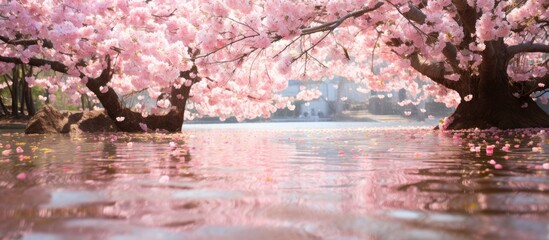 A large body of water covered in cherry blossom petals, surrounded by lush green trees in Saga...