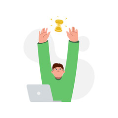 Financial vector artwork to passive income. Vector business illustration, a man in a blue sweater with a laptop. Illustration of a flat-style man investing the money. 