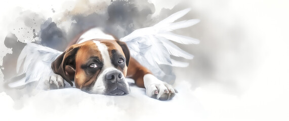 Pet, Bereavement A Watercolor Tribute  For The Loss Of A Pet.  A Pet Boxer Dog With White Feather...