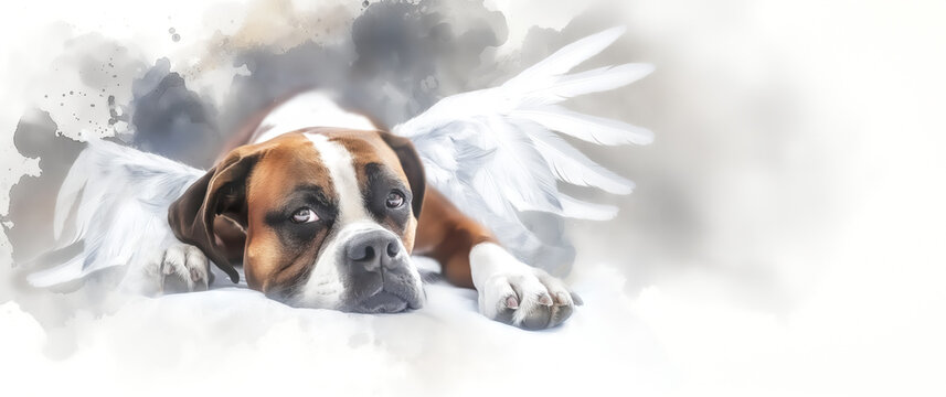 Pet, Bereavement A Watercolor Tribute  For The Loss Of A Pet.  A Pet Boxer Dog With White Feather Wings.