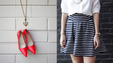 A navy and white striped midi skirt paired with a white collared blouse and red slingback pumps accessorized with a gold anchor necklace. - obrazy, fototapety, plakaty