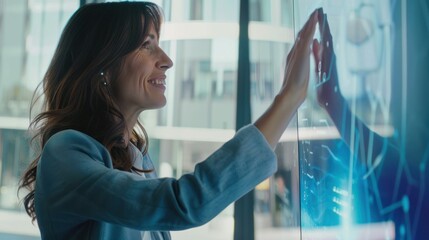 An image of a businesswoman professionally dressed reaching out to an innovative, illuminated touchscreen display with various data overlays