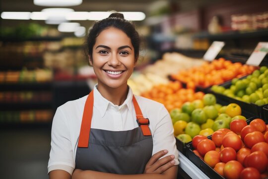 Portrait of  young sales assistant standing in a grocery store, supermarket, in front of shelves with fruits and vegetables. Female store clerk in apron smiling, looking at camera.