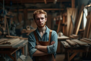 Portrait of carpenter working in woodworking shop. Handsome craftsman in apron standing with crossed arms, looking at camera.
