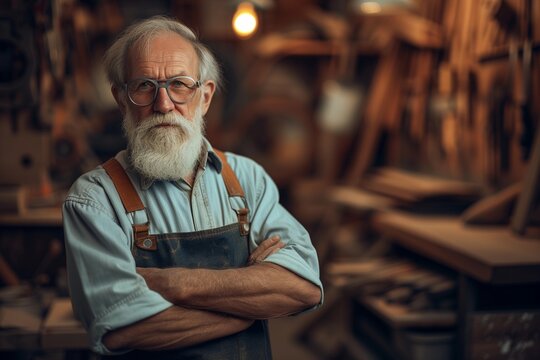 Portrait of carpenter working in woodworking shop. Handsome craftsman in apron standing with crossed arms, looking at camera.