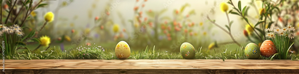 Aufkleber a wooden product display top with an easter background of painted eggs and green grass and meadows.