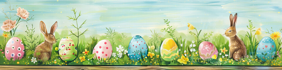 Fototapeta na wymiar A wooden product display top with an Easter background of painted eggs, rabbit and green grass and meadows.