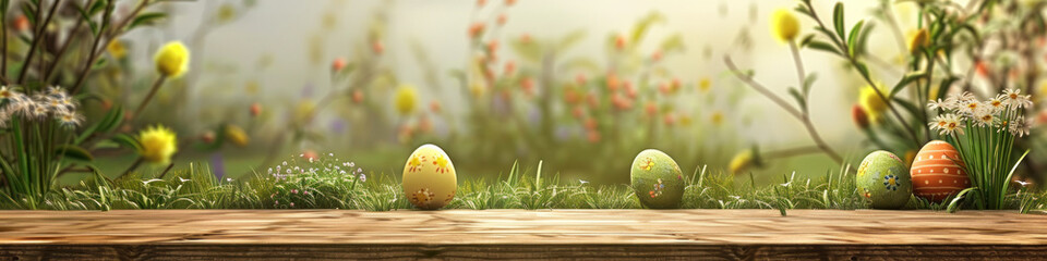 A wooden product display top with an Easter background of painted eggs and green grass and meadows. - obrazy, fototapety, plakaty