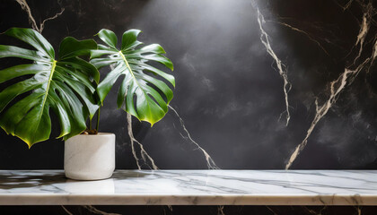 white marble stone counter table, tropical monstera plant in sunlight on dark wall interior background for fresh organic cosmetic, luxury skin care, beauty product presentation