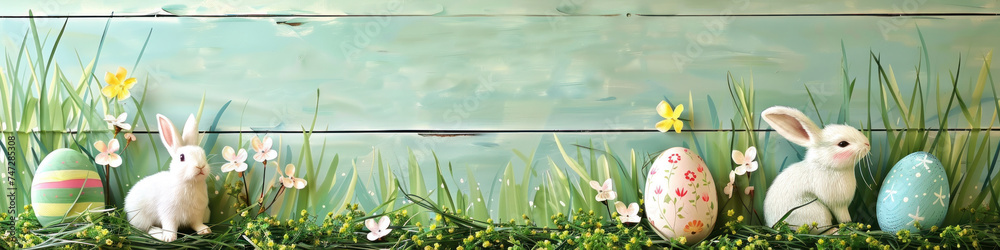 Aufkleber a wooden product display top with an easter background of painted eggs, rabbit and green grass and m