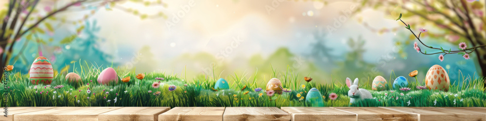 Aufkleber a wooden product display top with an easter background of painted eggs and green grass and meadows.