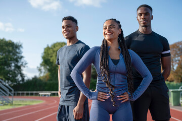 Portrait of group of athletes standing at stadium