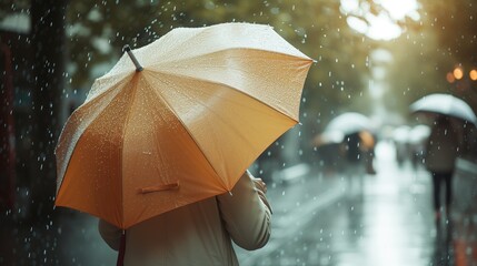 Rear view of woman holding yellow umbrella, rainy