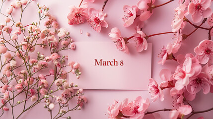 Postcard for March 8 on a light pink background with pink flowers.