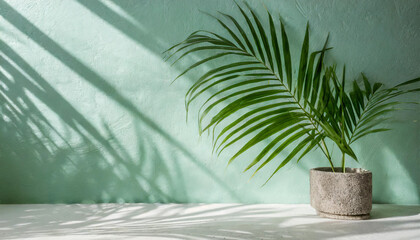 white marble stone counter table, tropical monstera plant in sunlight on green wall background for...