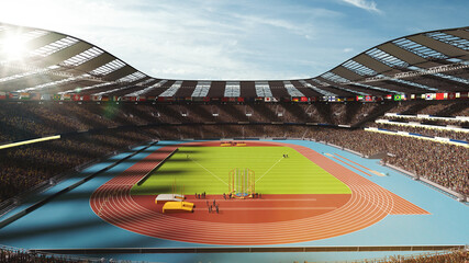 3D render of sunlit stadium filled with spectators, showcasing an athletic track and sports field. Day time open air game. Concept of sport, competition, live match, tournament - obrazy, fototapety, plakaty
