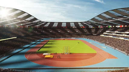 Rolgordijnen 3D render of sunlit stadium filled with spectators, showcasing an athletic track and sports field. Day time open air game. Concept of sport, competition, live match, tournament © master1305