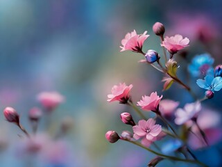 pink flowers in spring, The perfect blend of pink flowers on a branch, creating a harmonious contrast against the soft, blurred backdrop of a tranquil setting.