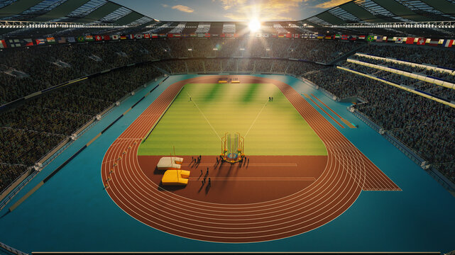 3D render of sport stadium filled with spectators, workers showcasing an athletic track and field. Open air game in the evening. Concept of sport, competition, live match, tournament