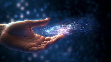 Open Hand with Cosmic Energy, Symbolizing Concepts of Power, Creation, and Innovation for Technology and Spirituality - obrazy, fototapety, plakaty