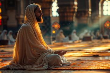 Serene man meditating in grand mosque - obrazy, fototapety, plakaty
