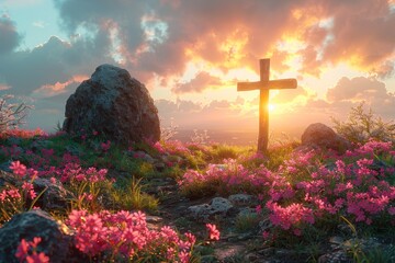 A solace-filled scene of a cross standing amidst blossoming flowers under a beautiful sunset sky - obrazy, fototapety, plakaty