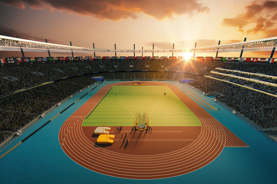 3D render of sport stadium filled with spectators, workers showcasing an athletic track and field. Open air game during sunset. Concept of sport, competition, live match, tournament