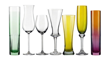 Realistic empty glasses. Glass cup and cocktail stemware mockup. Transparent glassware for wine and alcohol drinks.  crystal utensil for beverage serving. Collins , tumblers, highball ,cocktail.