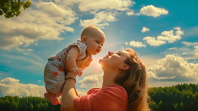 4K HD video clips mother with baby surrounded by beautiful nature and love on Mother's Day.	