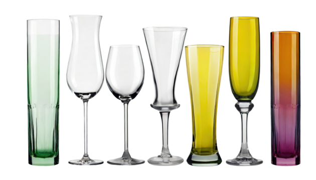 Realistic empty glasses. Glass cup and cocktail stemware mockup. Transparent glassware for wine and alcohol drinks.  crystal utensil for beverage serving. Collins , tumblers, highball ,cocktail.