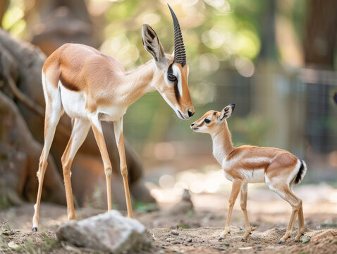 A gazelle mother and her fawn share a touching nose-to-nose moment.