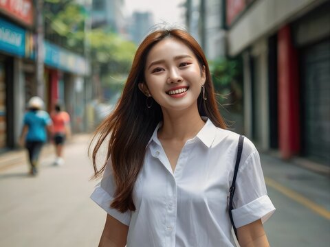Portrait of a beautiful Asian woman looking at the camera while standing on a city street during the day, wearing a white shirt and smiling