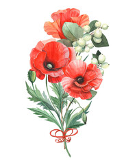 Watercolor hand-drawn bouquet with field flowers. Red poppies with white berries isolated on white.