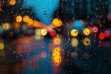 Foto op Canvas Raindrops on a window, in the style of dark azure and light amber, colorful street scenes, subtle lighting, dark yellow and red, cinquecento, glowing lights, happenings © James Ellis