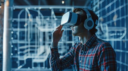 Focused man using virtual reality headset in a digital simulation environment, representing innovative technology and immersive experience