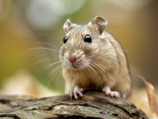 A gerbil standing on a tree bark with a surprised look.