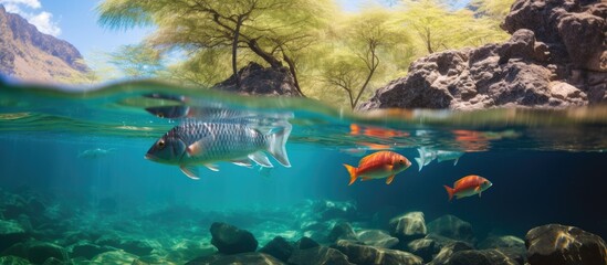 A painting depicting a fish gracefully swimming in the crystal-clear waters of Honaunau Bay on the Big Island of Hawaii. The underwater scene captures the fish in motion, surrounded by vibrant colors
