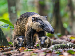 Mother anteater with babies strolling through a lush forest.