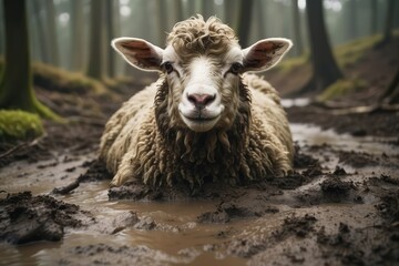 sheep stuck in mud in forest - obrazy, fototapety, plakaty