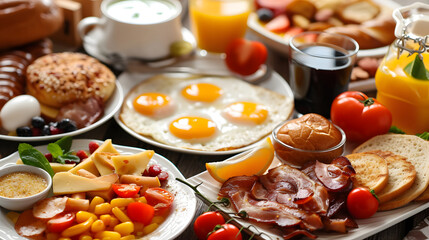 Full Breakfast Spread with Fried Eggs, Bacon, Pastries, and Fresh Juice Closeup