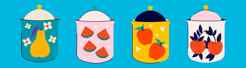 Set of dishes in hand drawn trendy style. Groovy design. Table service. Vector illustration. Handmade Tableware Vibrant color. Flower. Elements. Flat style. Ceramic Crockery. Abstract  postcard