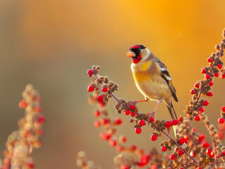 A vibrant goldfinch perched on a branch with autumn leaves and berries, a soft bokeh background.