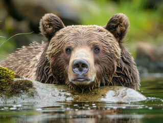 A grizzly bear sits in the water, resting its head and gazing forward.