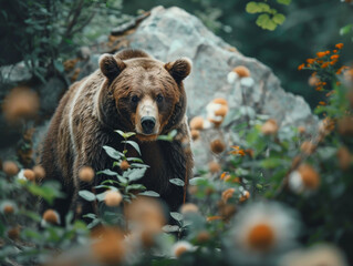 Autumn portrait of a brown bear with a backdrop of forest scenery.