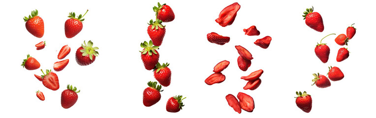 Falling juicy ripe strawberry with green leaves isolated on transparent background. Flying defocusing strawberry berries. Applicable for juice advertising.