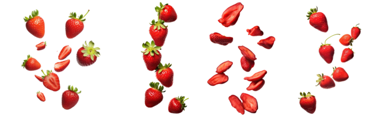 Falling juicy ripe strawberry with green leaves isolated on transparent background. Flying defocusing strawberry berries. Applicable for juice advertising.