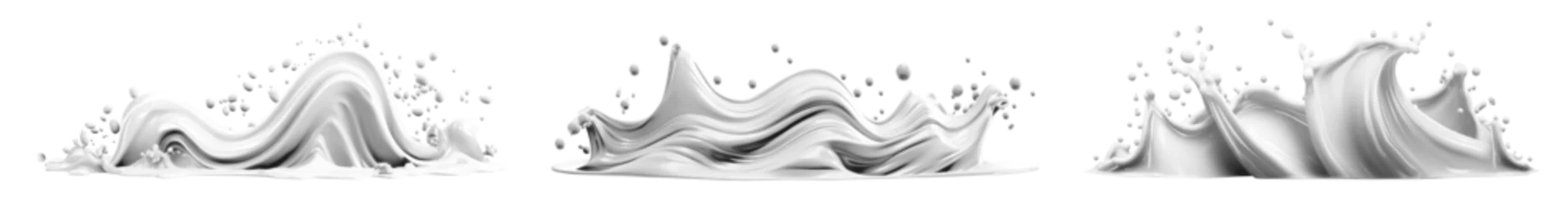 Fotobehang Set of long Wave White cream liquid paint milk splash swirl on transparent background cutout, PNG file. Many assorted different design. Mockup template for artwork graphic design © Sandra Chia