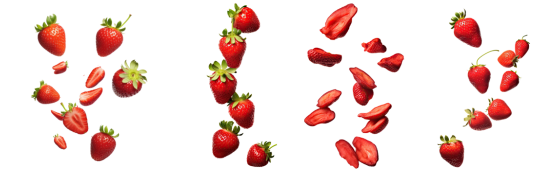 Falling juicy ripe strawberry with green leaves isolated on transparent background. Flying defocusing strawberry berries. Applicable for juice advertising.