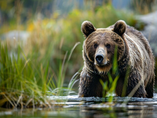 A grizzly bear stands in water amidst green foliage, gazing forward.